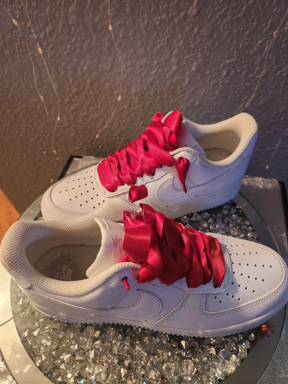 Nike White Air Force 1s with Red Satin Ribbon Laces